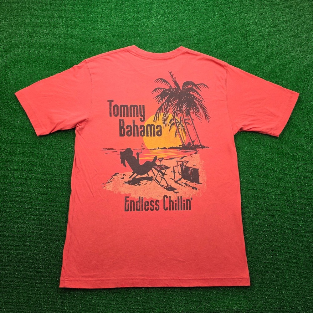 Tommy Bahama Relax Tshirt Mens Large Red Orange Endless‎ Chillin Beach Sunset